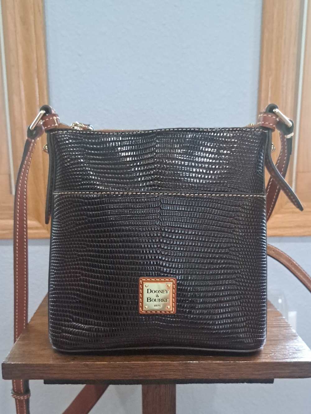 Dooney & Bourke Brown Lizard-Embossed Letter Carrier Crossbody with Brown Strap
